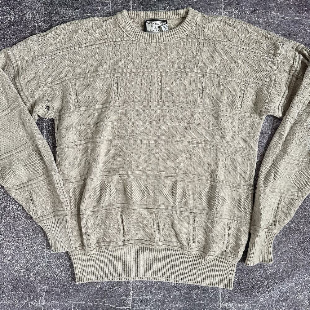 Men's Vintage 90s Windsor Shirt Company Beige Tribal Aztec Crewneck Sweater Sz M